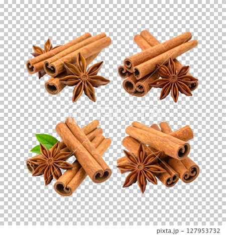 Aromatic brown cinnamon sticks and star anise are sweet spice ingredients for food on white background. Aromatic brown cinnamon sticks and star anise are sweet spice ingredients for food on white background. 127953732