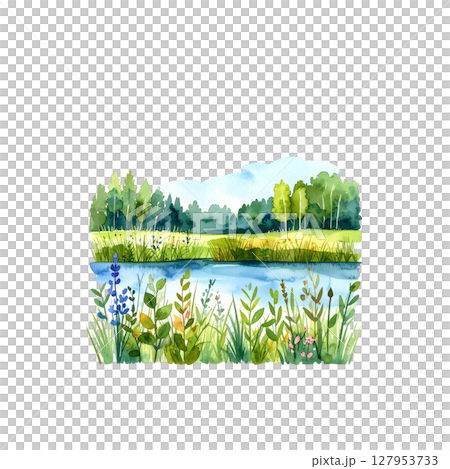 A beautiful spring landscape with green trees, a tranquil blue sky, and the reflection of a forest in a serene pond A beautiful spring landscape with green trees, a tranquil blue sky, and the reflection of a forest in a serene pond 127953733