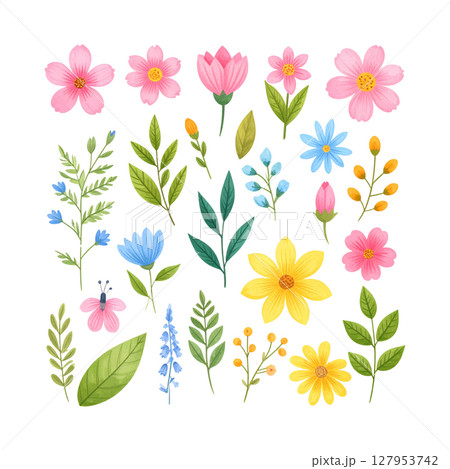 Beautiful spring floral design with blooming flowers on white background. 127953742