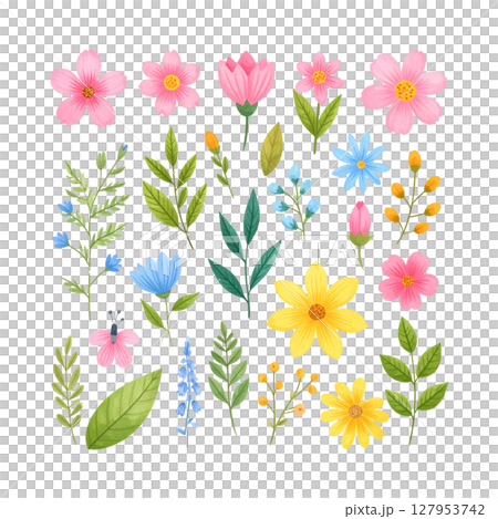Beautiful spring floral design with blooming flowers on white background. 127953742