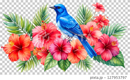 Colorful tropical bouquet with exotic birds 127953797