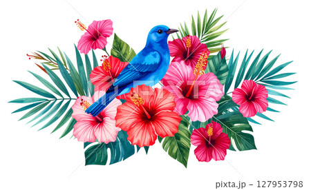 Colorful tropical bouquet with exotic birds 127953798