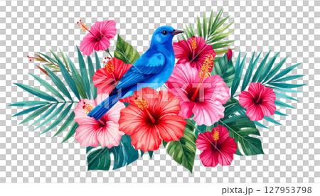 Colorful tropical bouquet with exotic birds 127953798