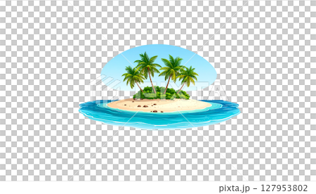Tropical beach island with green palm trees and coconuts under the sun 127953802