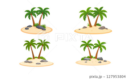 Tropical beach island with green palm trees and coconuts under the sun 127953804
