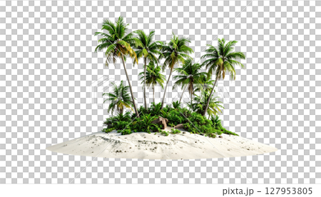 Tropical beach island with green palm trees and coconuts under the sun Tropical beach island with green palm trees and coconuts under the sun 127953805