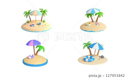 Icon set of tropical nature elements such as beach, sea, palm trees. 127953842