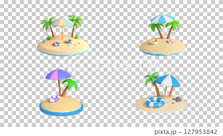 Icon set of tropical nature elements such as beach, sea, palm trees. 127953842