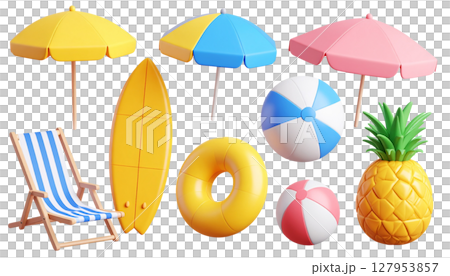 Set of colorful summer beach travel icons with sun, sea, umbrella, sunglasses and palm trees. 127953857