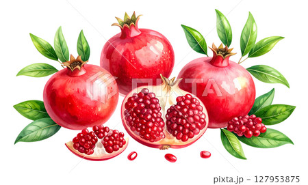 Fresh ripe red pomegranate isolated on white background 127953875