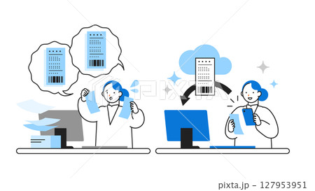 DX デジタルトランスフォーメーションを推進する社会のイラスト スマホ撮影でレシート自動処理 DX デジタルトランスフォーメーションを推進する社会のイラスト スマホ撮影でレシート自動処理 127953951
