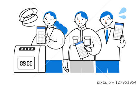 DX デジタルトランスフォーメーションを推進する社会のイラスト　アナログタイムカードにイライラ 127953954