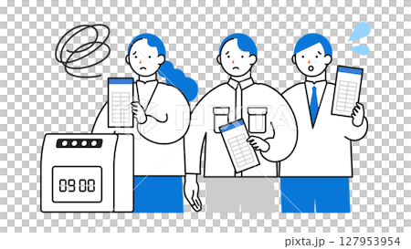 DX デジタルトランスフォーメーションを推進する社会のイラスト　アナログタイムカードにイライラ 127953954