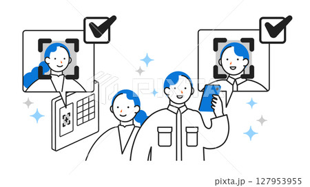 DX デジタルトランスフォーメーションを推進する社会のシンプルなイラスト　タイムカード顔認証 127953955