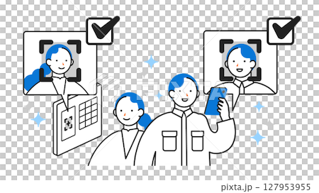 DX デジタルトランスフォーメーションを推進する社会のシンプルなイラスト　タイムカード顔認証 127953955