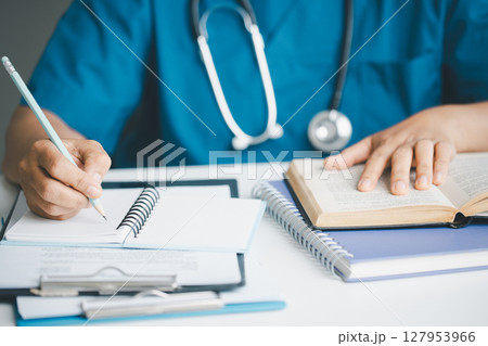 Concept business doctor education essential globalization, student learn and study in university and college to master knowledge needed travel global economy. book stethoscope for medical health care 127953966