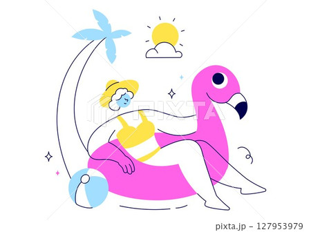 Hello Summer Vector Illustration Featuring the Sea, Beach, Sky, and Tropical Jungle Leaves in a Cute Character Activity Flat Style Cartoon Background Hello Summer Vector Illustration Featuring the Sea, Beach, Sky, and Tropical Jungle Leaves in a Cute Character Activity Flat Style Cartoon Background 127953979