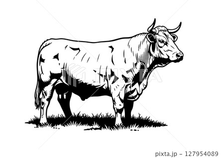 A detailed black and white vector illustration of a Charolais cow standing in grass. Farm animals. 127954089