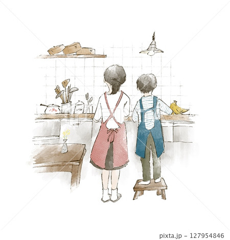 キッチンで料理をする子供達 127954846