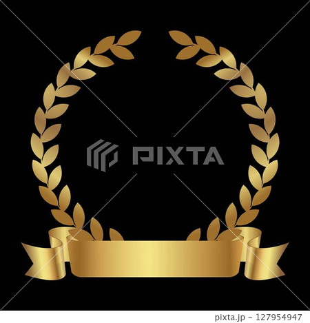 Gold laurel wreath isolated on black background. Laurel wreath with gold ribbon. Golden laurel wreath with ribbon.Vector laurel wreath. Gold laurel wreath isolated on black background. Laurel wreath with gold ribbon. Golden laurel wreath with ribbon.Vector laurel wreath. 127954947
