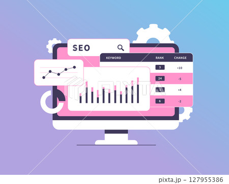 SEO analytics on desktop screen with keyword ranking charts. SEO analytics metrics and search engine optimization data improving website visibility and search performance. Vector illustration SEO analytics on desktop screen with keyword ranking charts. SEO analytics metrics and search engine optimization data improving website visibility and search performance. Vector illustration 127955386