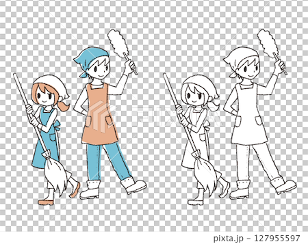 ペンで描いた風掃除する男女 ペンで描いた風掃除する男女 127955597