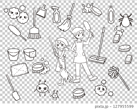 Pen-drawn wind cleaning set black and white 127955599