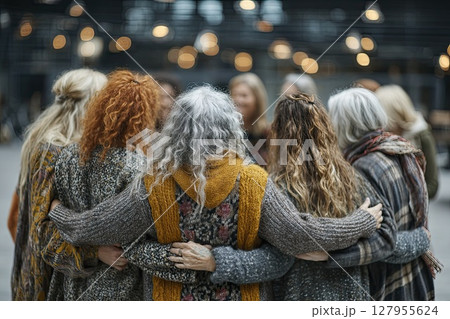 Group therapy and support - women hug, supporting each other during psychological practice. Participants uplift each other with encouraging and loving hugs. 127955624
