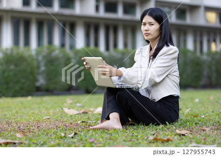 Future remote work combines technology smart phone connection online white digital business woman enable e-learning productivity while travel blend comfort modern devices serenity computer equipment 127955743