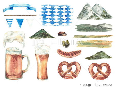 Oktoberfest watercolor set. Beer with sausage and pretzel. Germany Landscape with Zugspitze mountain, alpine hills, trees and fields. Ribbon and blue rhombuses of Bavarian flag. isolated illustration Oktoberfest watercolor set. Beer with sausage and pretzel. Germany Landscape with Zugspitze mountain, alpine hills, trees and fields. Ribbon and blue rhombuses of Bavarian flag. isolated illustration 127956088