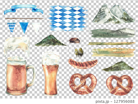 Oktoberfest watercolor set. Beer with sausage and pretzel. Germany Landscape with Zugspitze mountain, alpine hills, trees and fields. Ribbon and blue rhombuses of Bavarian flag. isolated illustration Oktoberfest watercolor set. Beer with sausage and pretzel. Germany Landscape with Zugspitze mountain, alpine hills, trees and fields. Ribbon and blue rhombuses of Bavarian flag. isolated illustration 127956088