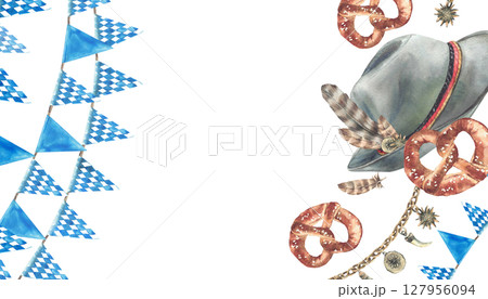 Oktoberfest banner. Traditional beer festival mens clothing Charivari and hat with German pretzel against of blue rhombus Bavarian flags garland. Watercolor hand painted rectangular template. Isolated Oktoberfest banner. Traditional beer festival mens clothing Charivari and hat with German pretzel against of blue rhombus Bavarian flags garland. Watercolor hand painted rectangular template. Isolated 127956094