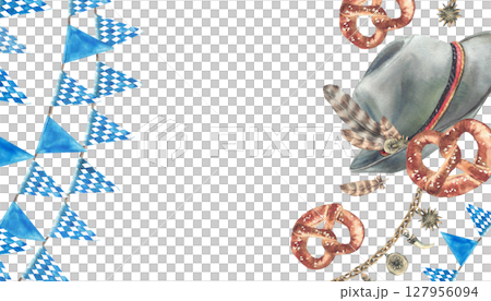 Oktoberfest banner. Traditional beer festival mens clothing Charivari and hat with German pretzel against of blue rhombus Bavarian flags garland. Watercolor hand painted rectangular template. Isolated Oktoberfest banner. Traditional beer festival mens clothing Charivari and hat with German pretzel against of blue rhombus Bavarian flags garland. Watercolor hand painted rectangular template. Isolated 127956094
