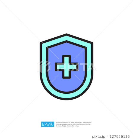 Clean and Disinfect Icon Representing Health Protection with a Shield Design Featuring a Medical Cross in Blue and Green Colors Clean and Disinfect Icon Representing Health Protection with a Shield Design Featuring a Medical Cross in Blue and Green Colors 127956136