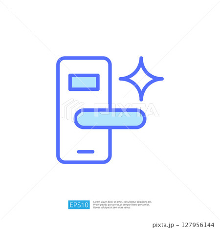 Clean and Disinfect Icon Representing Hygiene Practices with a Shiny Door Handle and Sparkle Effect in Minimalistic Blue and White Design 127956144