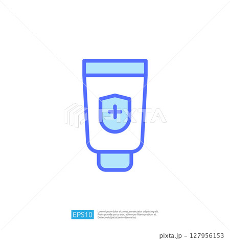 Clean And Disinfect Icon Representing Health And Hygiene With A Tube Of Sanitizer Cream And Medical Shield Symbol In Blue And White Colors 127956153