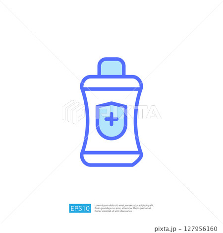 Clean and Disinfect Icon of a Sanitizing Liquid Bottle with a Protection Shield Symbol in Blue Color 127956160