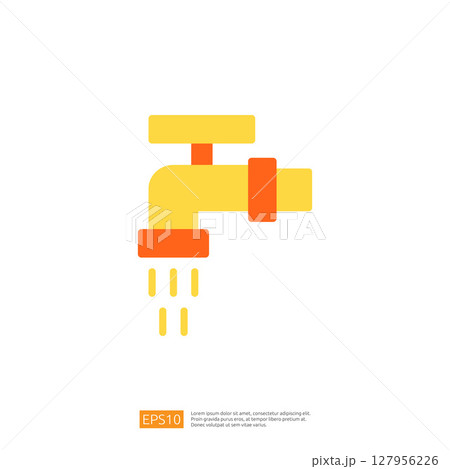 Stylized Icon of a Yellow and Orange Faucet with Water Droplets for Clean and Disinfect Themes 127956226