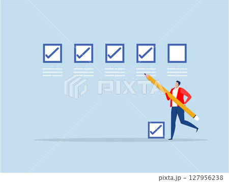 checking the list,businessman expert holding pencil tick all completed task checkbox,Getting things done, completed tasks achievement or project progression concept vector checking the list,businessman expert holding pencil tick all completed task checkbox,Getting things done, completed tasks achievement or project progression concept vector 127956238