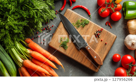 Fresh vegetable flat lay on wooden cutting board Fresh vegetable flat lay on wooden cutting board 127956266