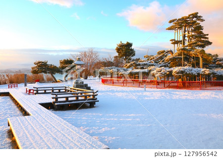 琵琶湖、近江八景のひとつ、唐崎の松（からさきのまつ）の朝日を浴びる雪景色/滋賀県指定史跡 127956542