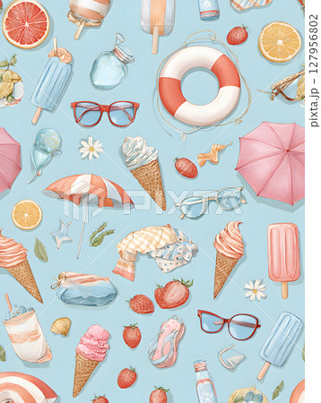 アイスや浮き輪が並ぶカラフルで楽しい夏の背景イラスト アイスや浮き輪が並ぶカラフルで楽しい夏の背景イラスト 127956802
