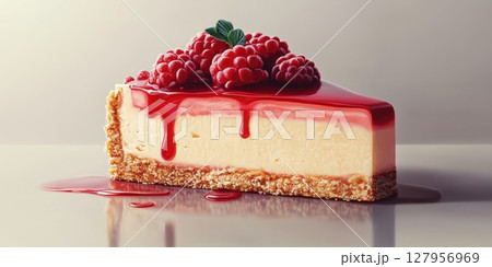 Creamy raspberry cheesecake with fresh toppings served on a reflective surface near natural light 127956969
