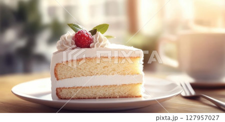 Slice of vanilla cake with raspberry garnish on a wooden table in a cozy cafe during afternoon light 127957027