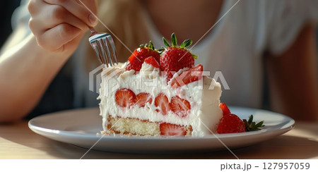Person enjoying a slice of strawberry cream cake in a cozy cafe setting during the afternoon 127957059