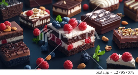 Decadent dessert display featuring layers of chocolate and fresh berries on a dark surface 127957079