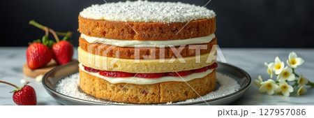 Layered cake with cream and strawberries displayed elegantly on a dark background 127957086