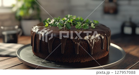 Decadent chocolate cake with rich glaze and fresh herbs displayed on wooden table in a cozy kitchen setting 127957088