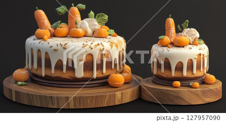 Delightful carrot cakes with cream frosting and tangerine decorations on wooden stands 127957090