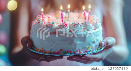 Celebrating a birthday with a beautifully frosted cake adorned with candles and colorful sprinkles in a festive setting 127957159